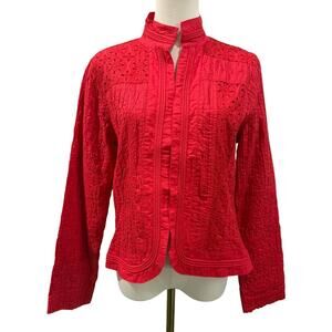 Chico’s Strawberry Red Pink Embroidered Pintuck Jacket Size 1 Medium Boho Artsy